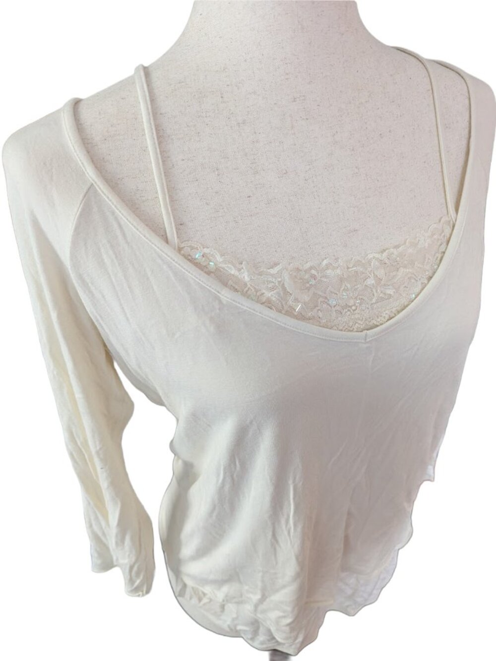 Roxie B Cream Lace Trim Layered 3/4 Sleeve Top